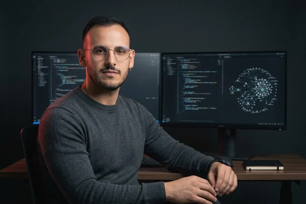 Sandro Winkler am Schreibtisch vor zwei Monitoren mit Code und einem Netzwerkgraphen