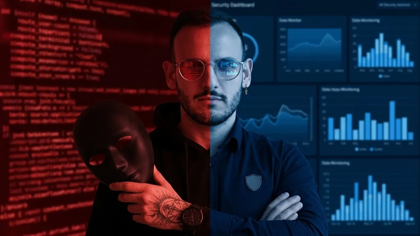 Sandro Winkler with a split face: red on the left with a mask and code, blue on the right with a shield and a security dashboard