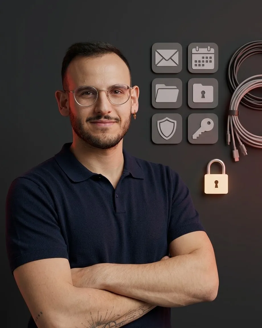 Sandro Winkler, relaxed in front of neatly arranged icons and an intact padlock