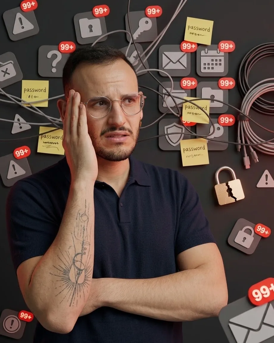 Sandro Winkler, overwhelmed, surrounded by password notes, tangled cables and notifications